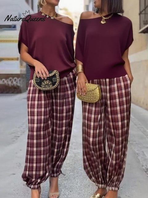 Women's Casual Knitted Top and Plaid Bloomers Two-piece Set
