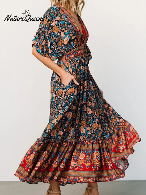 Women's Boho Floral Print V-Neck Dress