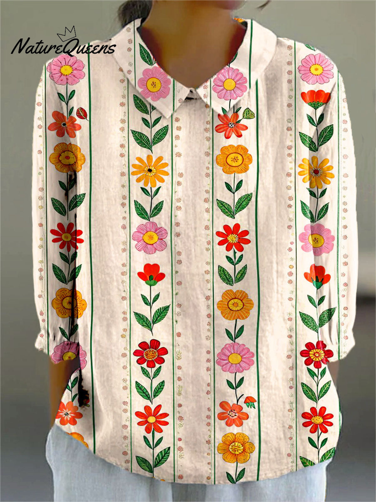 Women's Vintage Flower Print Casual Cotton And Linen 3/4 Sleeve Shirt