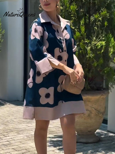 Artistic Lapel Large Flower Print Cotton and Linen Dress