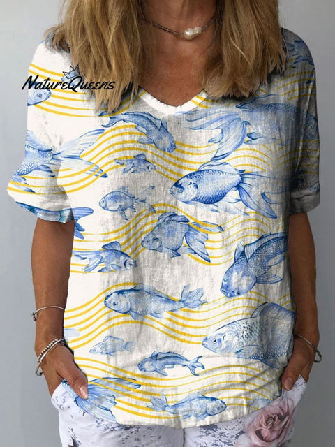 Women's Fish Ripple Art Print Casual Cotton And Linen Shirt