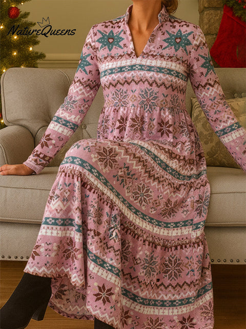 Women's Art Snowflake Print V-Neck Midi Dress