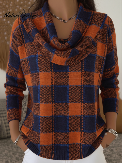 Women's Retro Contrast Color Plaid Cowl Neck Sweater Top