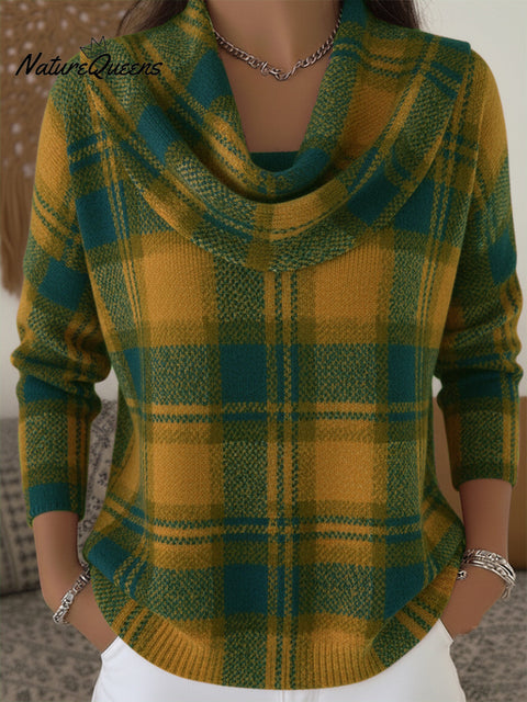 Women's Retro Contrast Color Plaid Cowl Neck Sweater Top