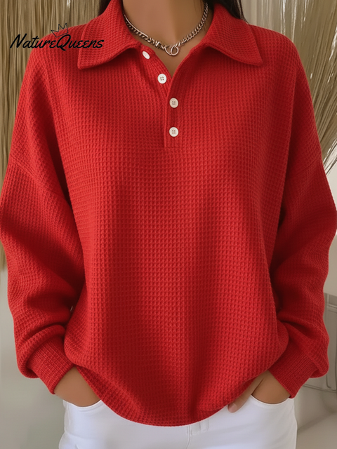 Women's Casual Polo Button Waffle Top Sweatshirt
