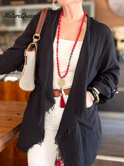 Women's Solid Color Tassel Cotton and Linen Cardigan Top