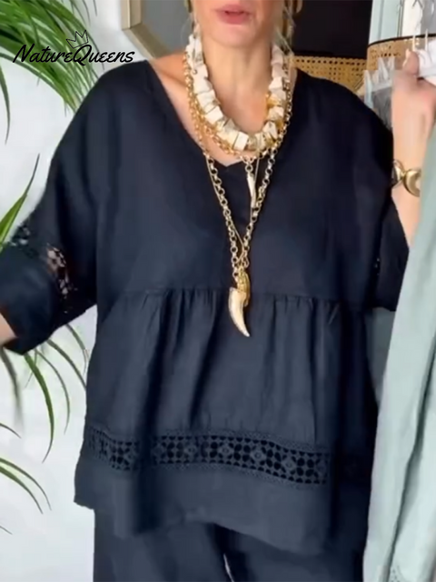 Women's Lace-paneled Top and Pants Linen Two-piece Suit