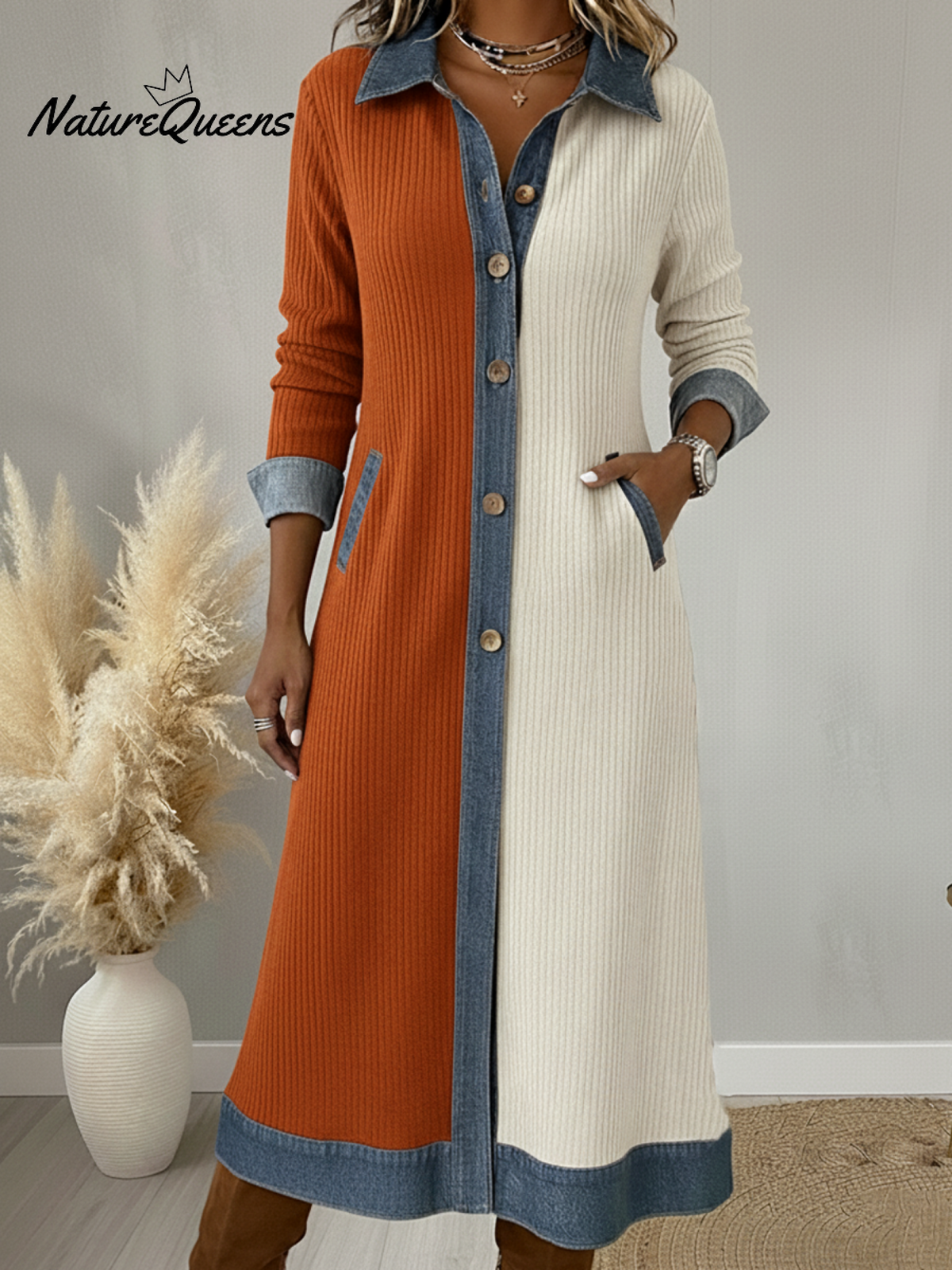 Denim Patchwork Contrast Lapel Button Midi Dress