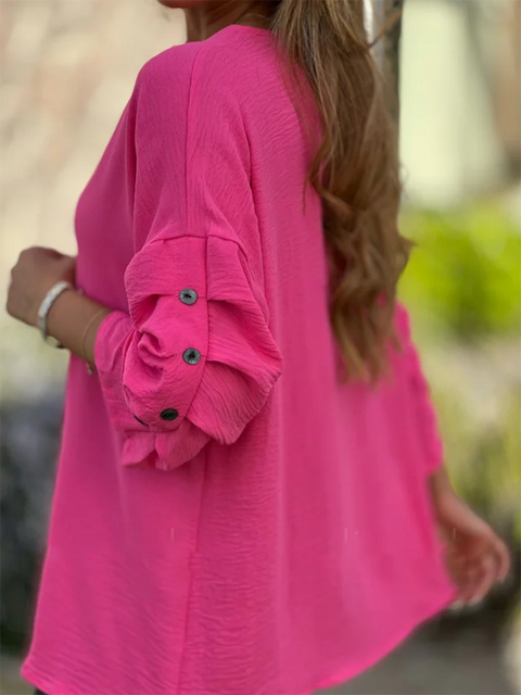 Button Puff Sleeve V-Neck Cotton Top