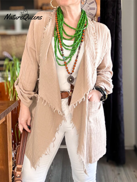 Women's Solid Color Tassel Cotton and Linen Cardigan Top