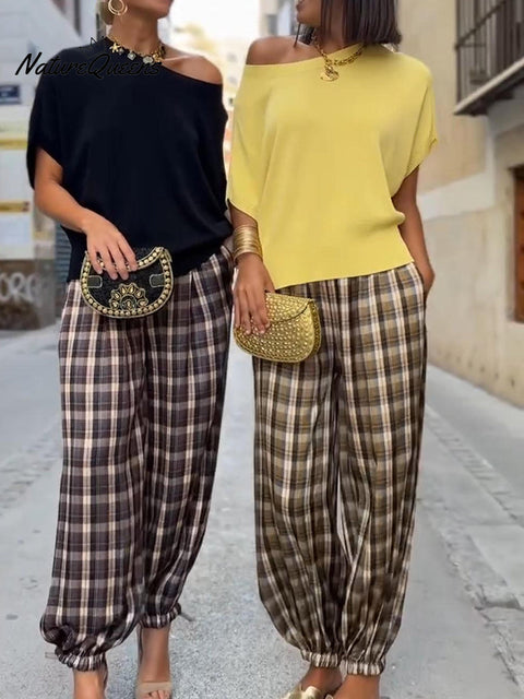 Women's Casual Knitted Top and Plaid Bloomers Two-piece Set