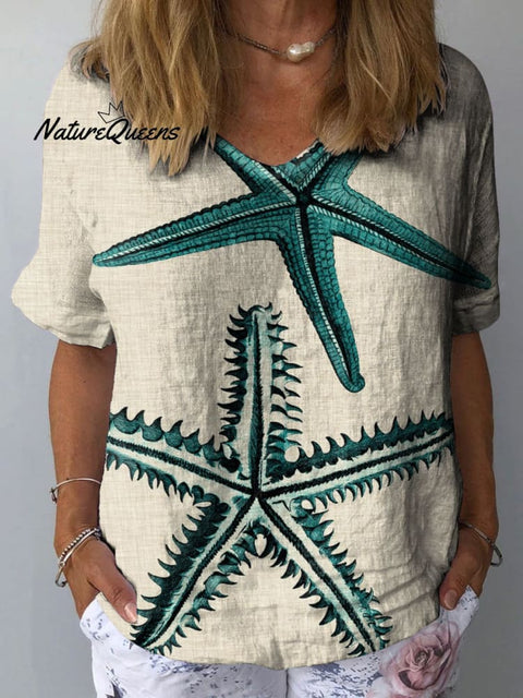 Women's Starfish Art Print Casual Cotton And Linen Shirt