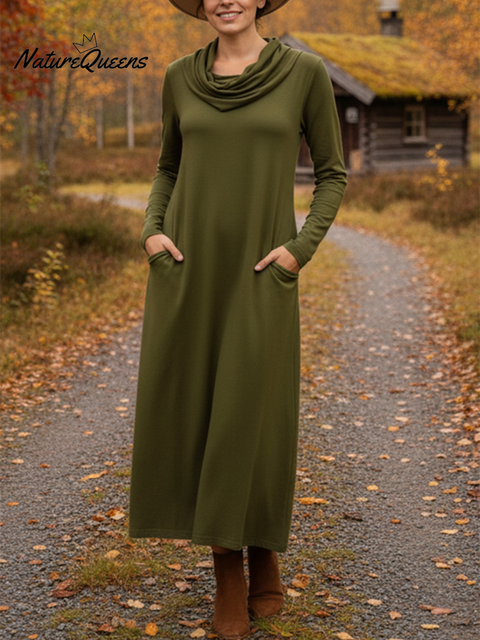 Women's Elegant Pile Neck Pocket Solid Color Knitted Dress