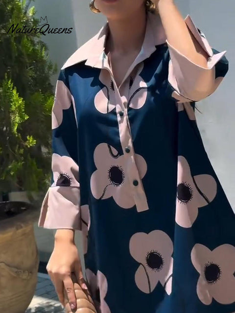 Artistic Lapel Large Flower Print Cotton and Linen Dress