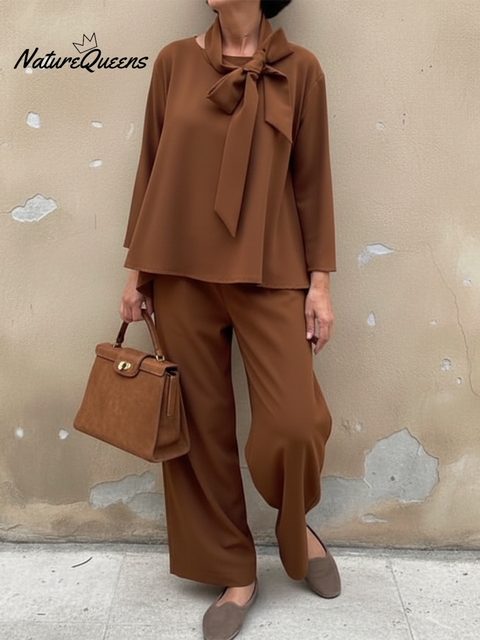 Women's Elegant Bow Top and Pants Cotton Two-piece Suit
