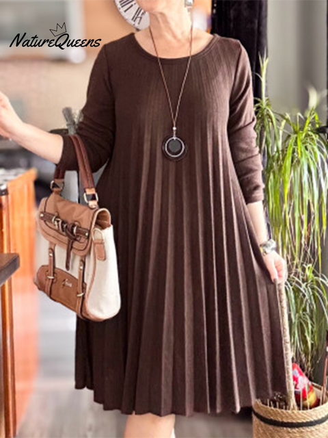 Women's Soft and Elegant Pleated Round Neck Knit Dress