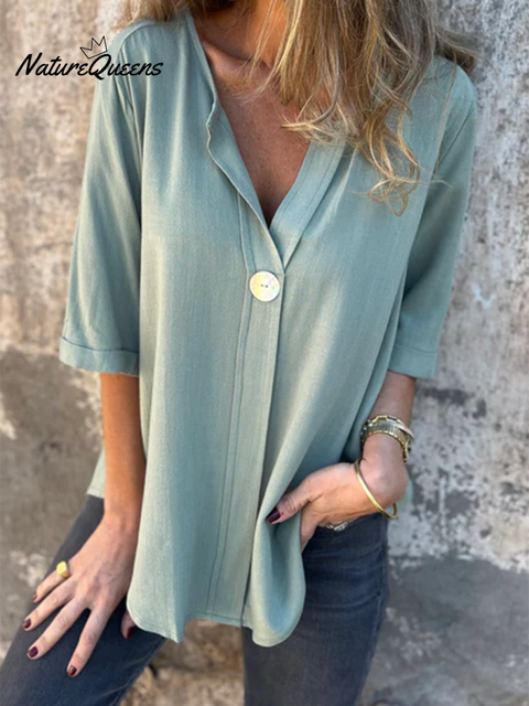 Women's Shell Button V-Neck Cotton Top