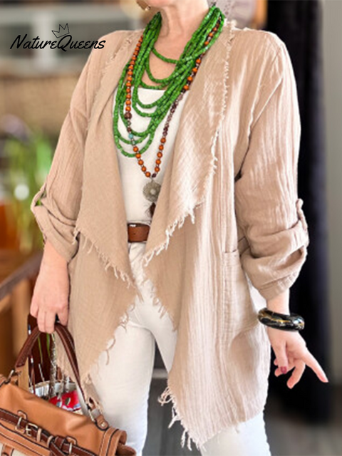 Women's Solid Color Tassel Cotton and Linen Cardigan Top