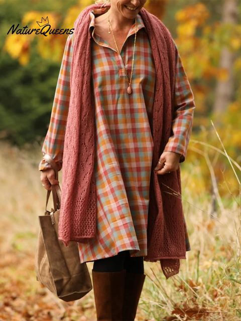 Retro Autumn and Winter Contrast Plaid Lapel Dress