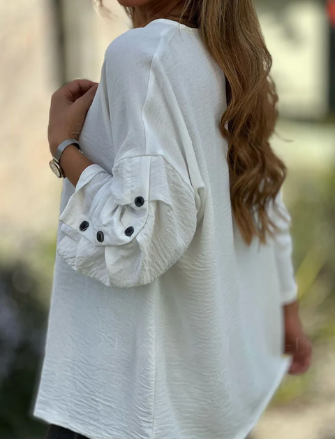 Button Puff Sleeve V-Neck Cotton Top