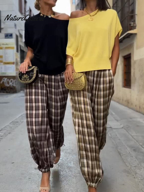 Women's Casual Knitted Top and Plaid Bloomers Two-piece Set