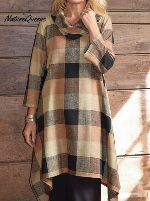 Women's Retro Elegant Cowl Neck Plaid Print Irregular Hem Top