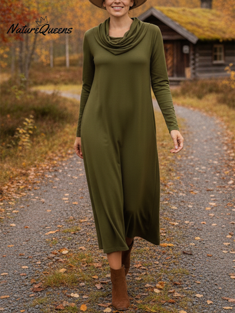 Women's Elegant Pile Neck Pocket Solid Color Knitted Dress