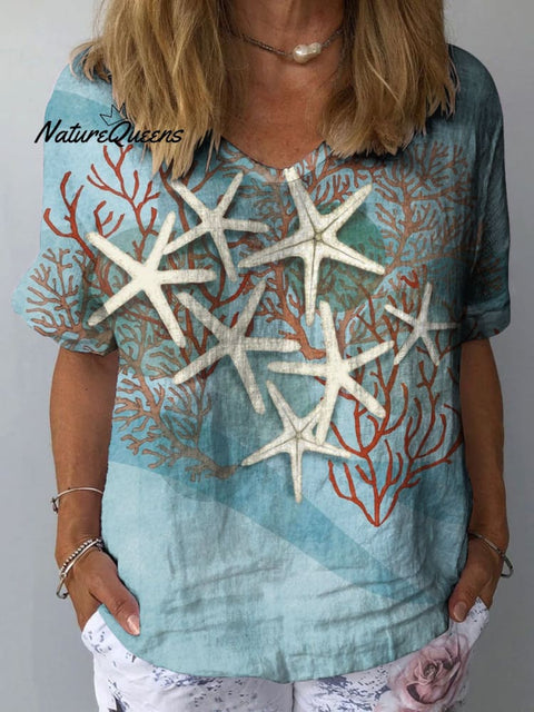 Women's Starfish Art Print Casual Cotton And Linen Shirt