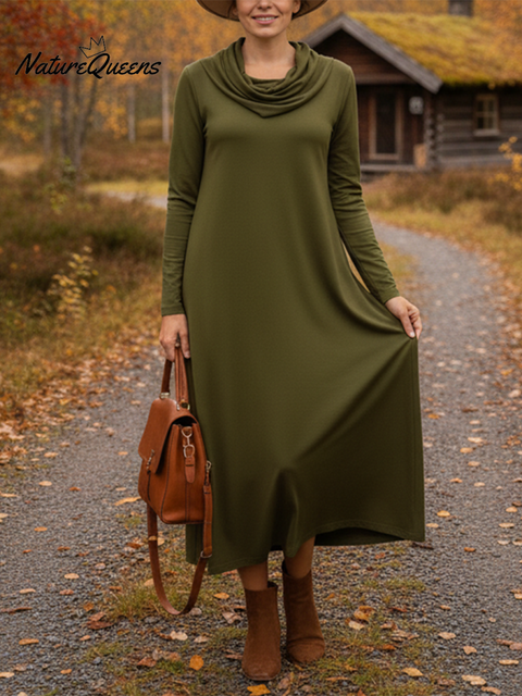 Women's Elegant Pile Neck Pocket Solid Color Knitted Dress