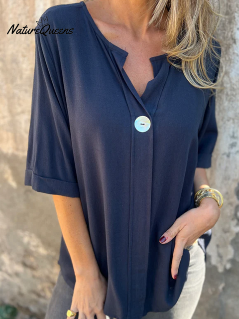 Women's Shell Button V-Neck Cotton Top