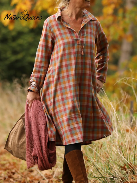 Retro Autumn and Winter Contrast Plaid Lapel Dress