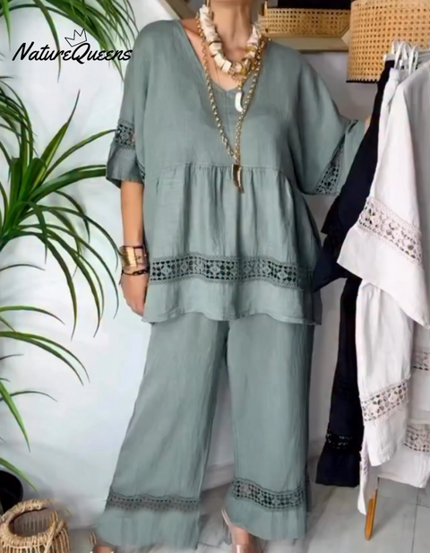 Women's Lace-paneled Top and Pants Linen Two-piece Suit