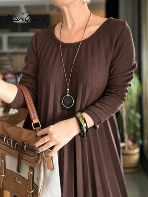 Women's Soft and Elegant Pleated Round Neck Knit Dress