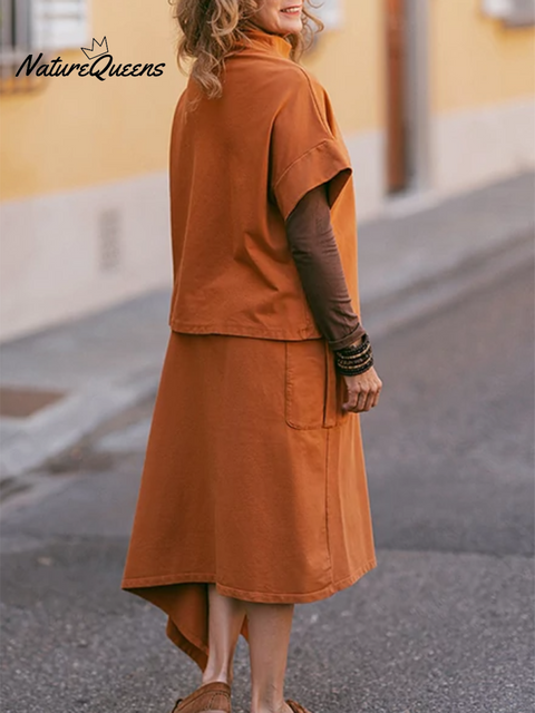 Women's Loose Turtleneck Top Irregular Skirt Cotton Suit