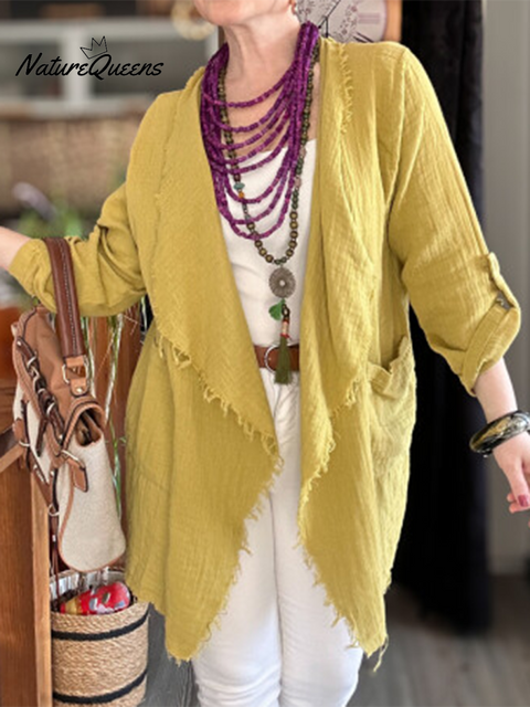 Women's Solid Color Tassel Cotton and Linen Cardigan Top