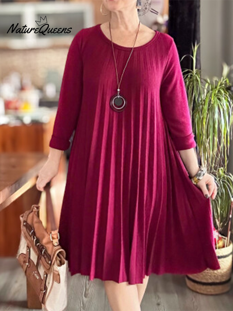 Women's Soft and Elegant Pleated Round Neck Knit Dress