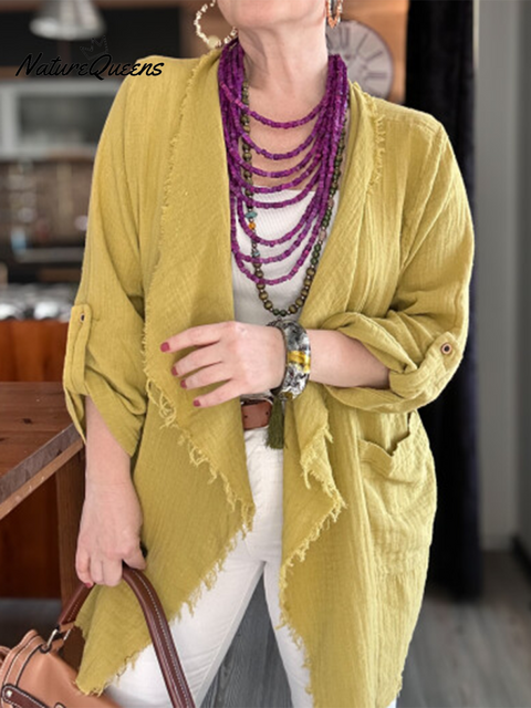 Women's Solid Color Tassel Cotton and Linen Cardigan Top