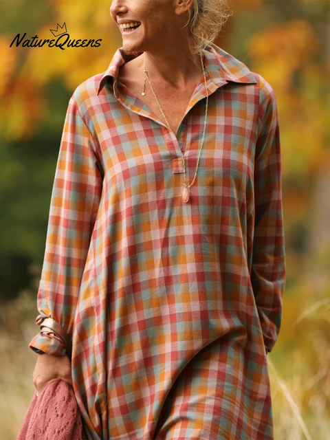 Retro Autumn and Winter Contrast Plaid Lapel Dress