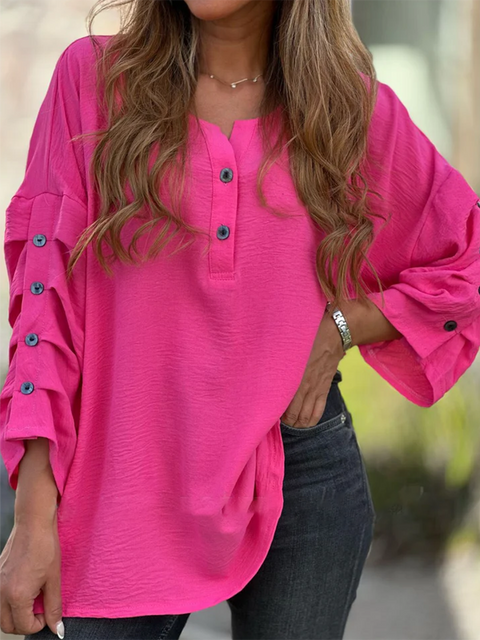 Button Puff Sleeve V-Neck Cotton Top