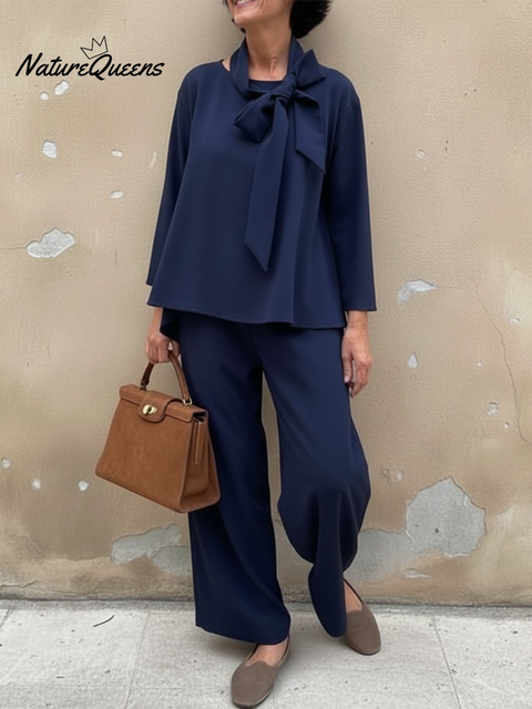 Women's Elegant Bow Top and Pants Cotton Two-piece Suit