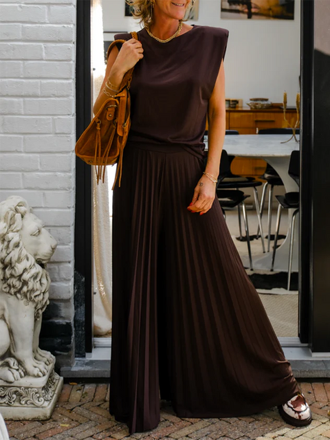 Women's Soft Top and Pleated Wide-leg Pants Suit