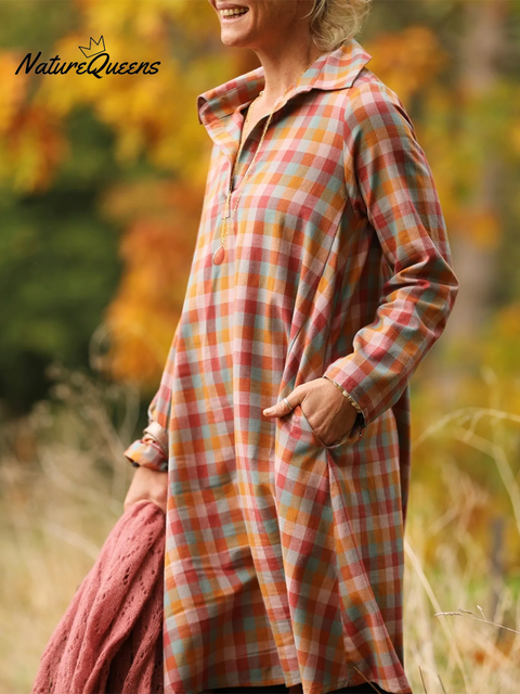 Retro Autumn and Winter Contrast Plaid Lapel Dress