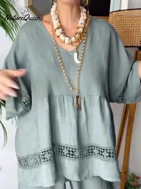 Women's Lace-paneled Top and Pants Linen Two-piece Suit