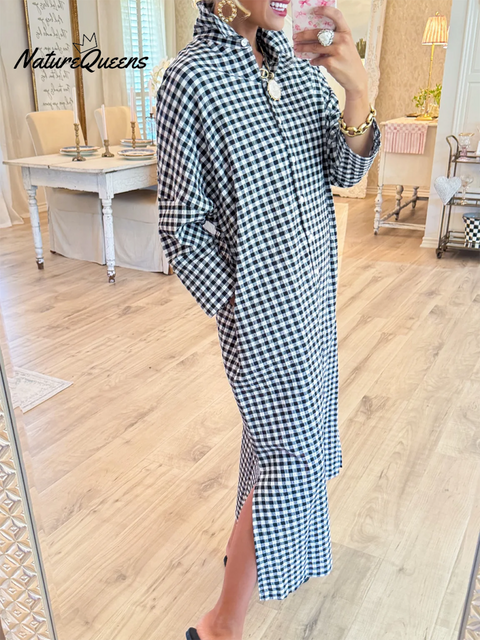 Women's Cotton Plaid Loose Slit Dress