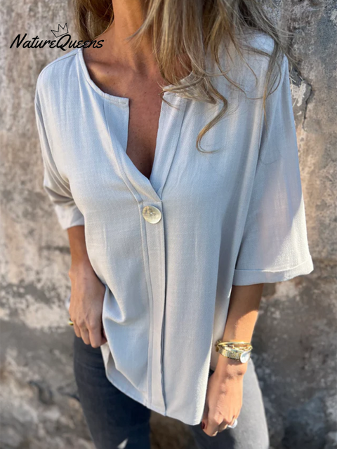 Women's Shell Button V-Neck Cotton Top