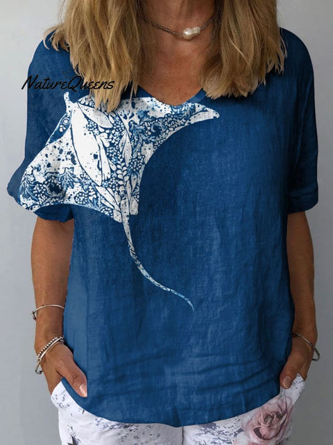 Women's Manta Art Print Casual Cotton And Linen Shirt