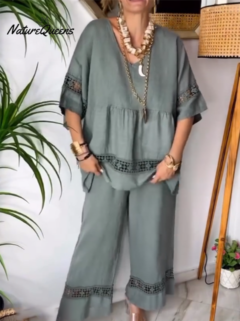 Women's Lace-paneled Top and Pants Linen Two-piece Suit