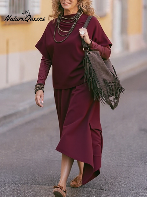 Women's Loose Turtleneck Top Irregular Skirt Cotton Suit