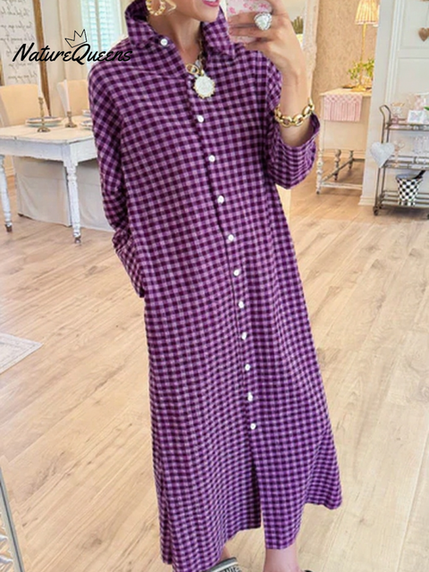 Women's Cotton Plaid Loose Slit Dress