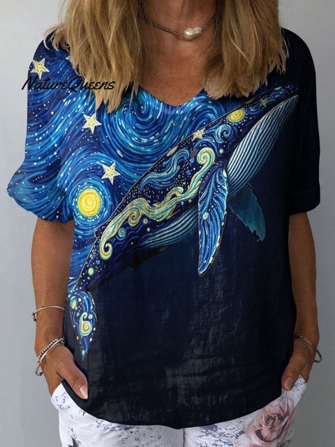 Women's Abstract Sea Whale Art Print Casual Cotton And Linen Shirt